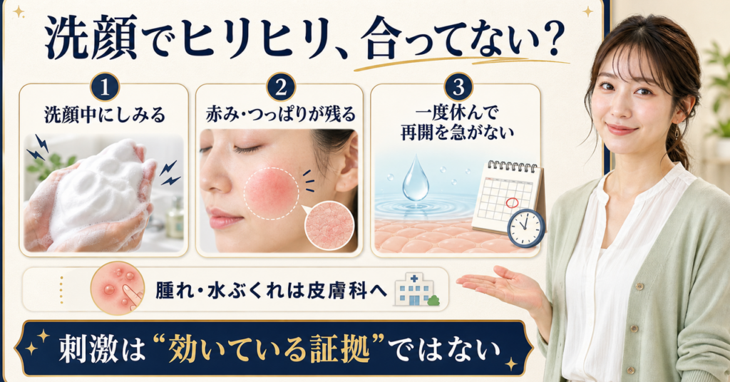 洗顔後にヒリヒリするときの肌状態と見直し方を示すビューティーボード