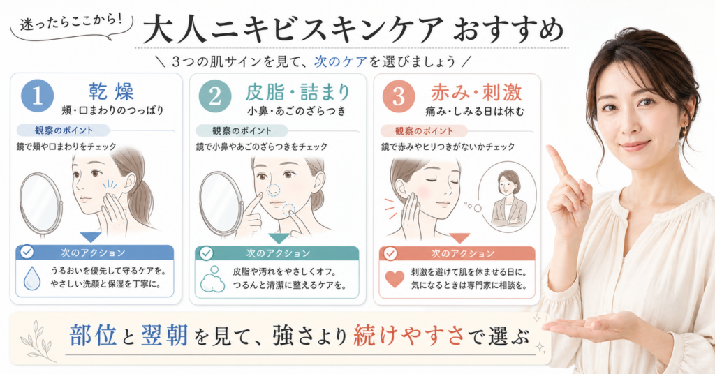 大人ニキビを乾燥、皮脂・詰まり、赤み・刺激の3つの肌サインで選ぶ判断カード