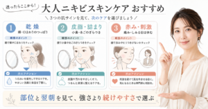 大人ニキビを乾燥、皮脂・詰まり、赤み・刺激の3つの肌サインで選ぶ判断カード