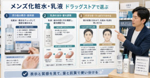 メンズ化粧水と乳液を売り場の表示、使用感、肌質で選ぶ判断カード