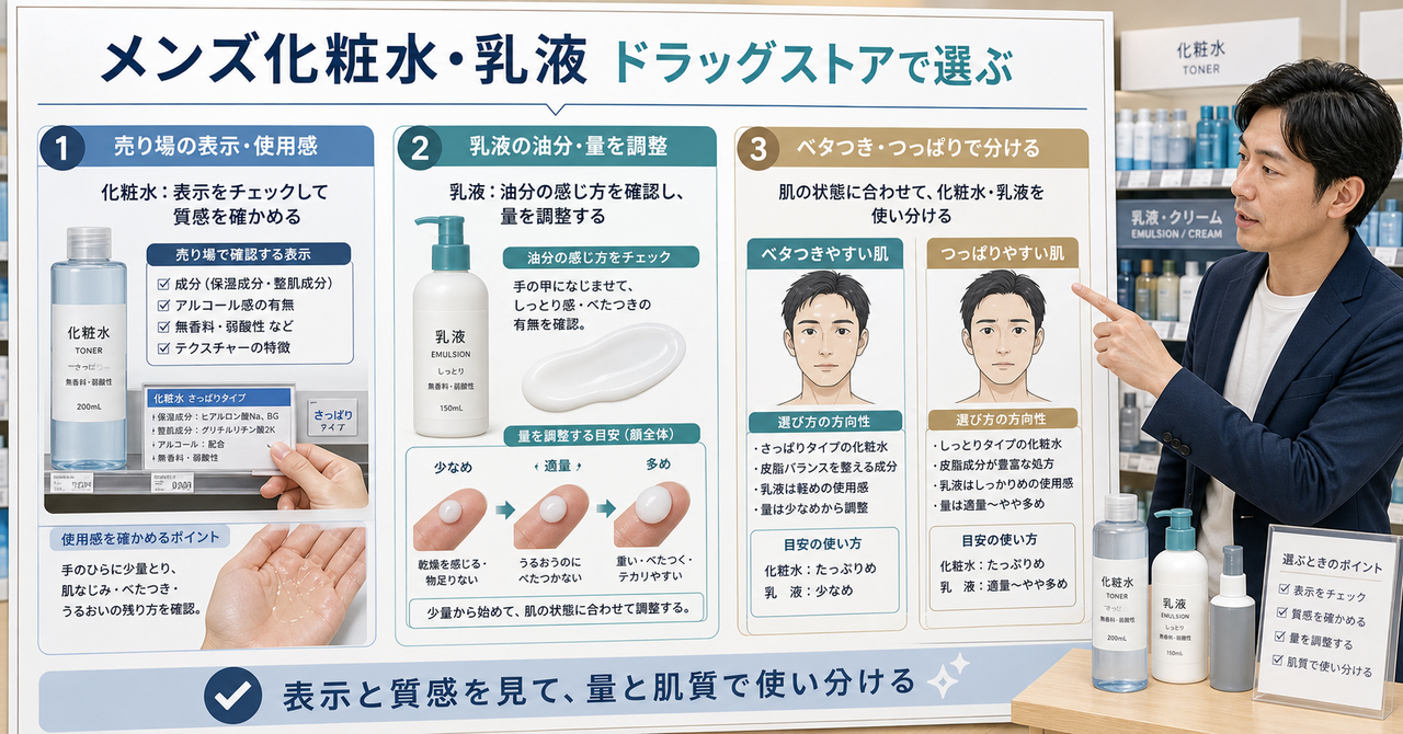 メンズ化粧水と乳液を売り場の表示、使用感、肌質で選ぶ判断カード