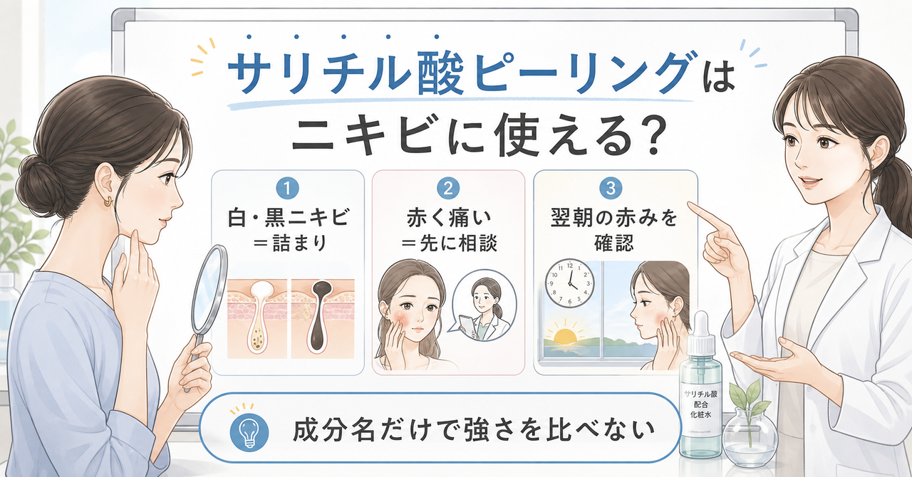 サリチル酸ピーリングをニキビに使う前の詰まりと刺激の見方を示すビューティーボード