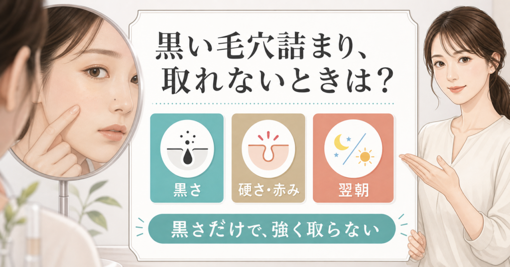 黒い毛穴詰まりが取れないときの色と硬さと肌の反応を示すビューティーボード