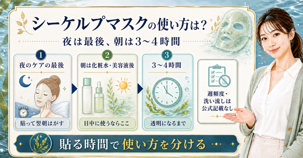 リフレッシング シーケルプ リアルディープマスクの夜と朝・日中の使い方を示す図解