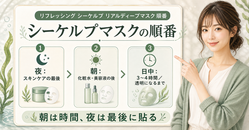リフレッシング シーケルプ リアルディープマスクを夜と朝・日中に使う順番の図解