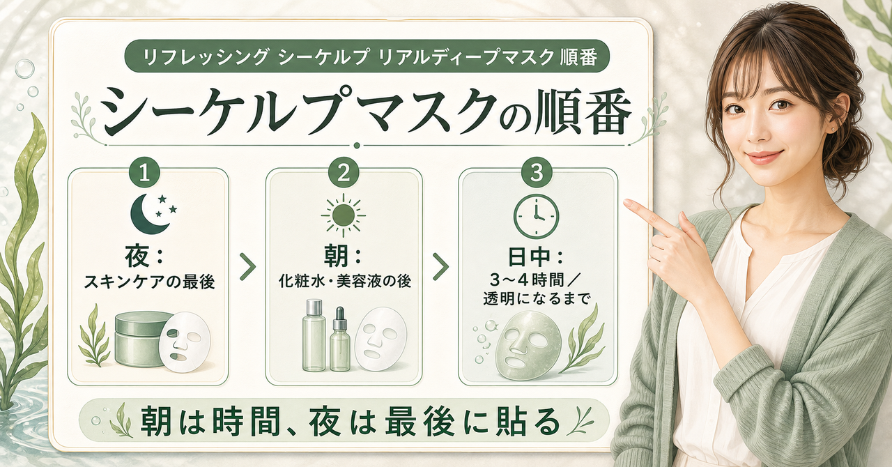 リフレッシング シーケルプ リアルディープマスクを夜と朝・日中に使う順番の図解