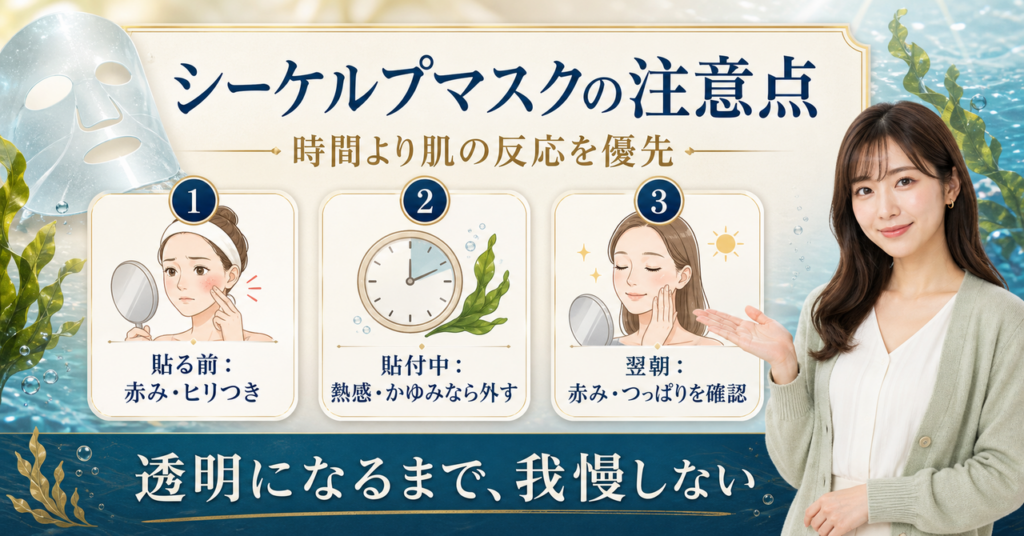 リフレッシング シーケルプ リアルディープマスクを使う前後の注意点を示す図解
