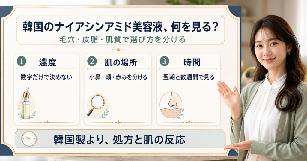ナイアシンアミド美容液韓国を濃度・肌の場所・時間で判断する図解