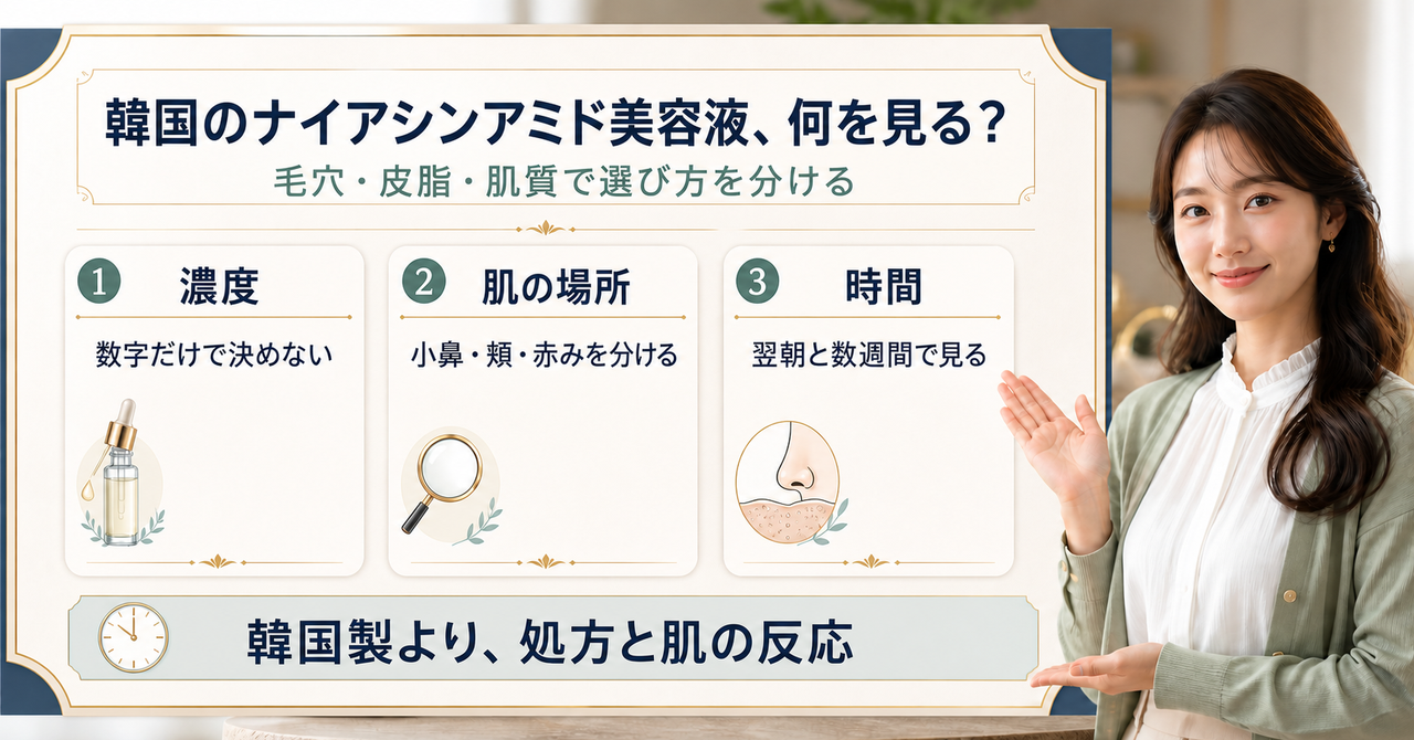 ナイアシンアミド美容液韓国を濃度・肌の場所・時間で判断する図解