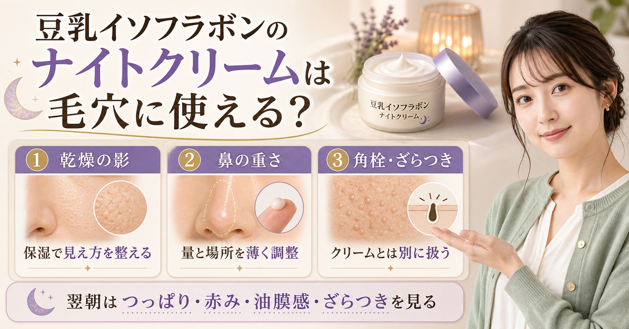 豆乳イソフラボンナイトクリームを塗布直後と翌朝の観察で整理する図解