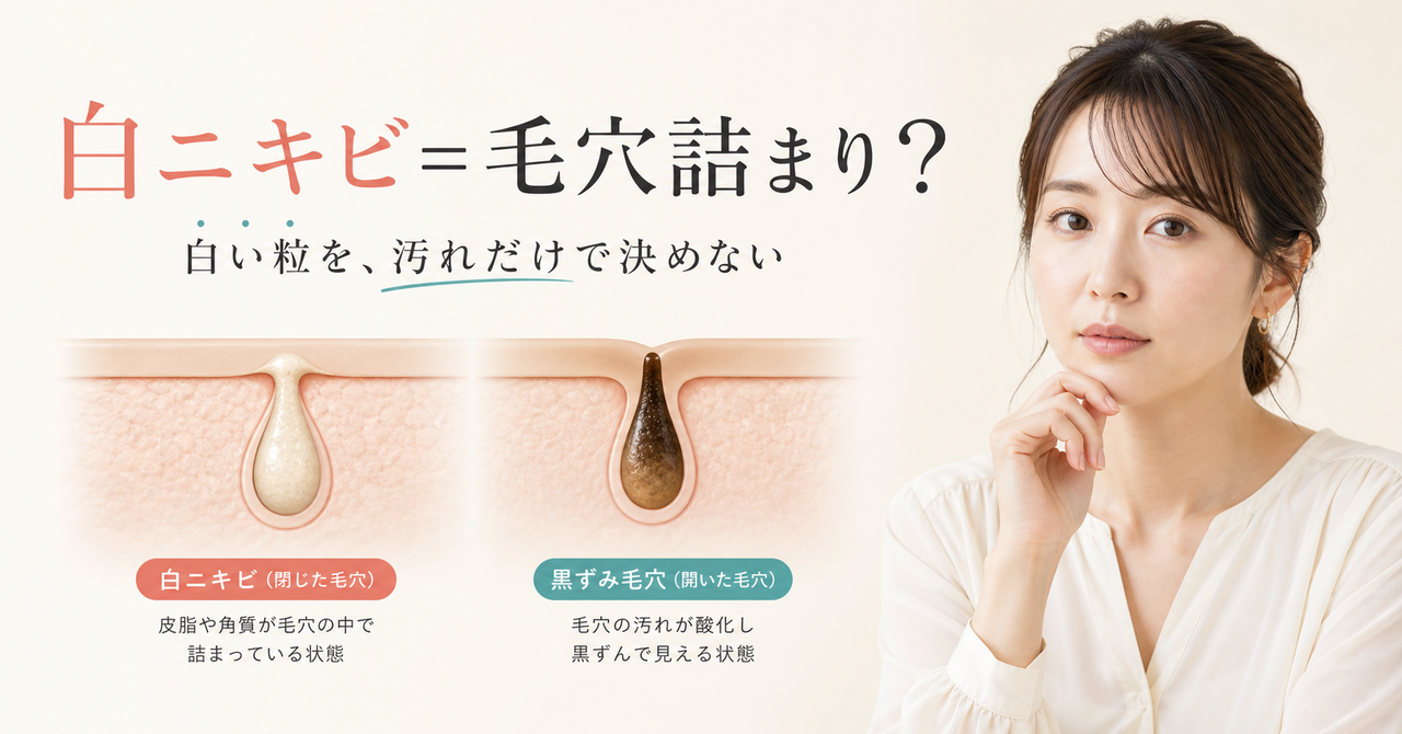 白ニキビ、角栓、黒ニキビの違いを見分けるための毛穴詰まりの解説