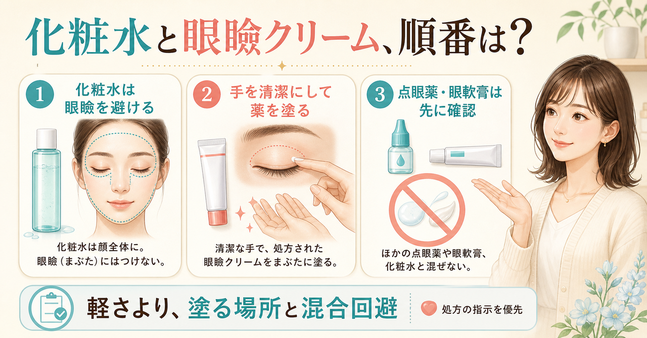 化粧水は眼瞼を避け、清潔な手でアレジオン眼瞼クリームを使う順番