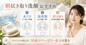 朝の拭き取り洗顔と肌状態の見分け方を示すイラスト