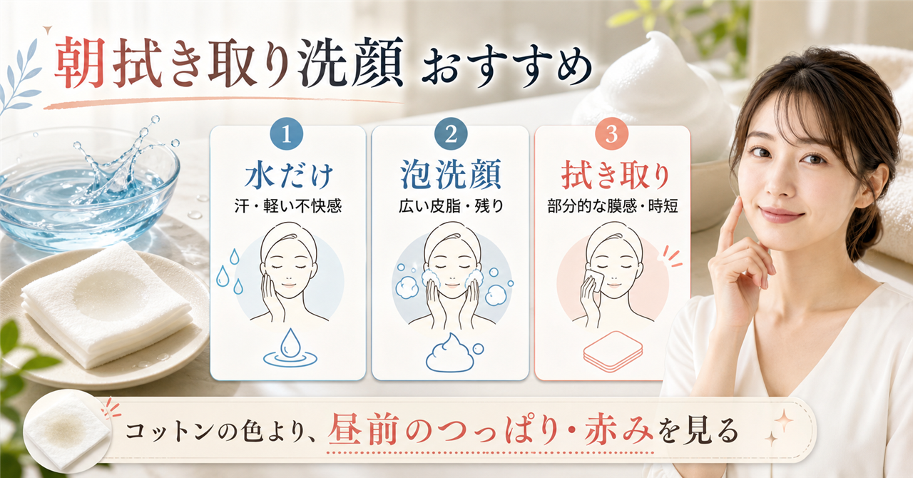 朝の拭き取り洗顔と肌状態の見分け方を示すイラスト