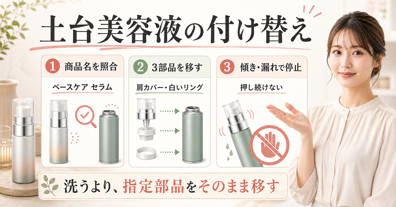 ソフィーナiP土台美容液のレフィル交換で外す部品を示すイラスト
