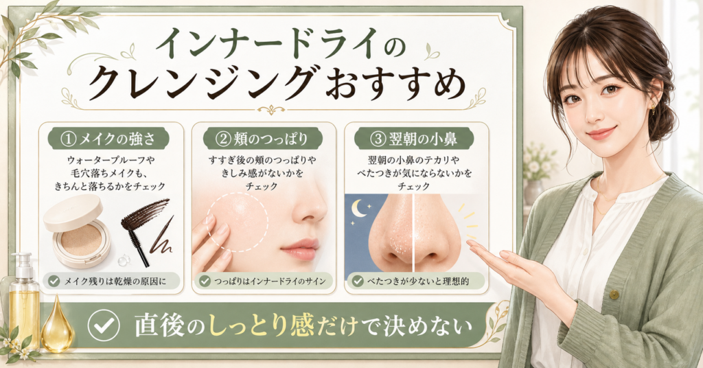 頬の乾燥と小鼻の皮脂でクレンジングを選ぶイラスト
