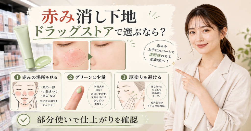 赤み消し下地 ドラッグストアの判断場面を示すアイキャッチ