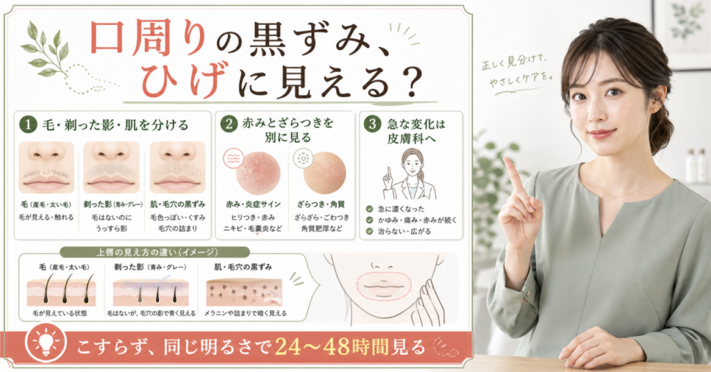 口周りの黒ずみと産毛が気になるとき毛の影と肌状態を鏡で確認するイメージ
