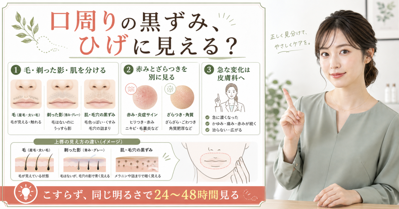 口周りの黒ずみと産毛が気になるとき毛の影と肌状態を鏡で確認するイメージ