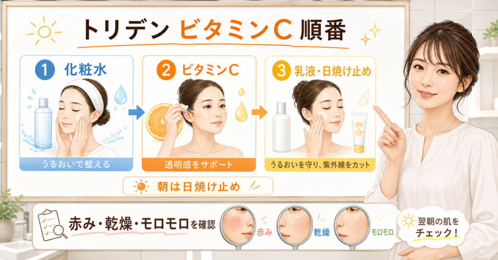 トリデンのビタミンCを使う順番を洗顔後の工程と肌の反応から確認するイメージ