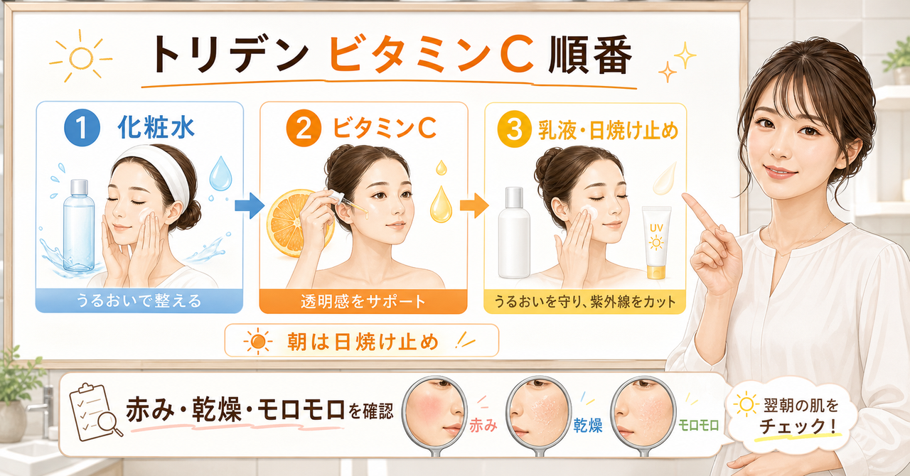 トリデンのビタミンCを使う順番を洗顔後の工程と肌の反応から確認するイメージ