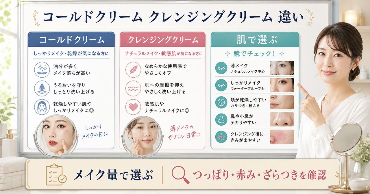 コールドクリームとクレンジングクリームの違いをメイクとすすぎと摩擦から確認するイメージ