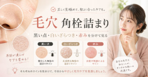 毛穴の白いざらつきや黒く見える点を鏡と触感で分けて観察するイメージ
