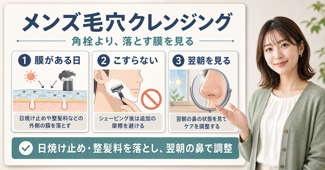 メンズ 毛穴 クレンジングの判断場面を示すアイキャッチ