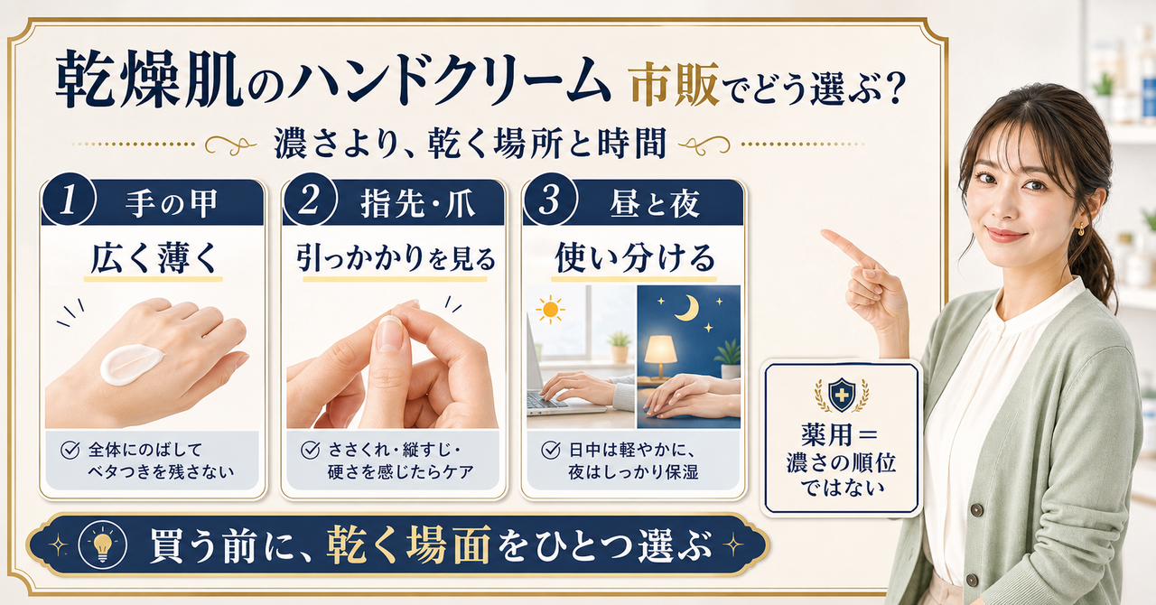 乾燥肌のハンドクリームを手の部位と手洗い後・昼・就寝前で選ぶ図解