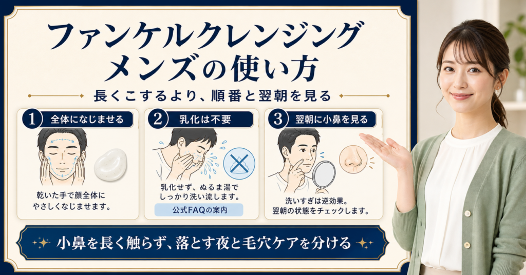 メンズがファンケルクレンジングを使うときの日焼け止め・小鼻・翌朝の見方
