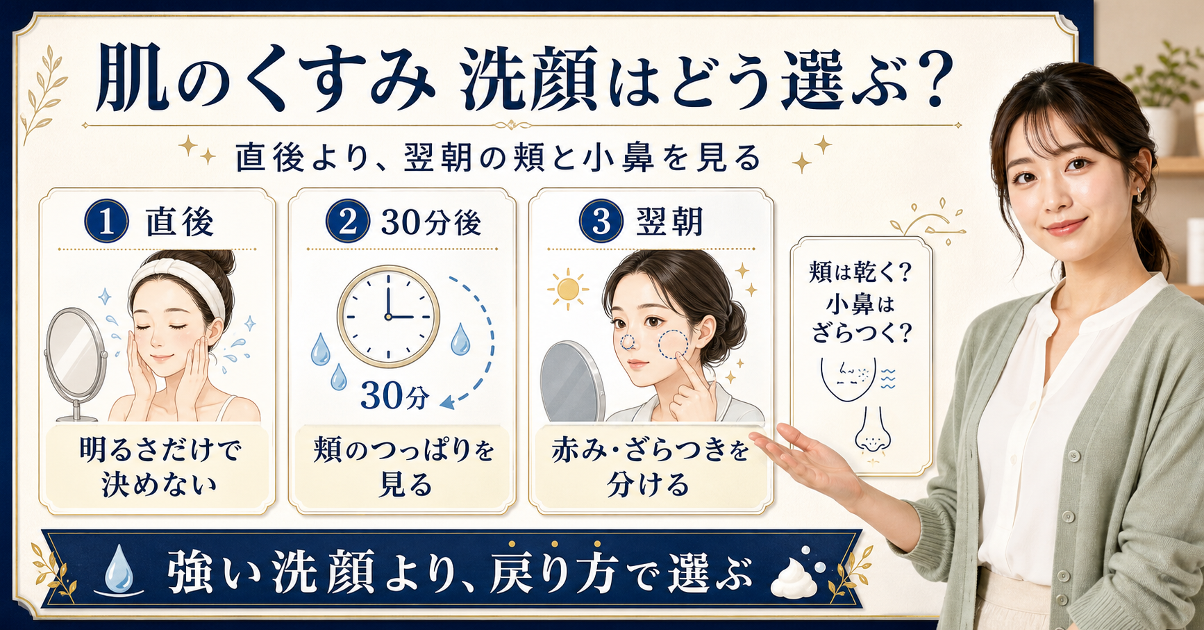 肌のくすみと洗顔の選び方を直後・30分後・翌朝で見る図解