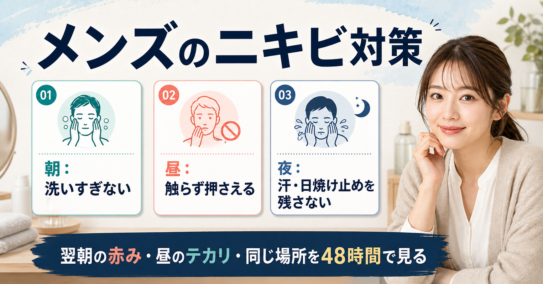 メンズのニキビ対策を朝・昼・夜と頬・小鼻・ひげ剃り後で分ける図解