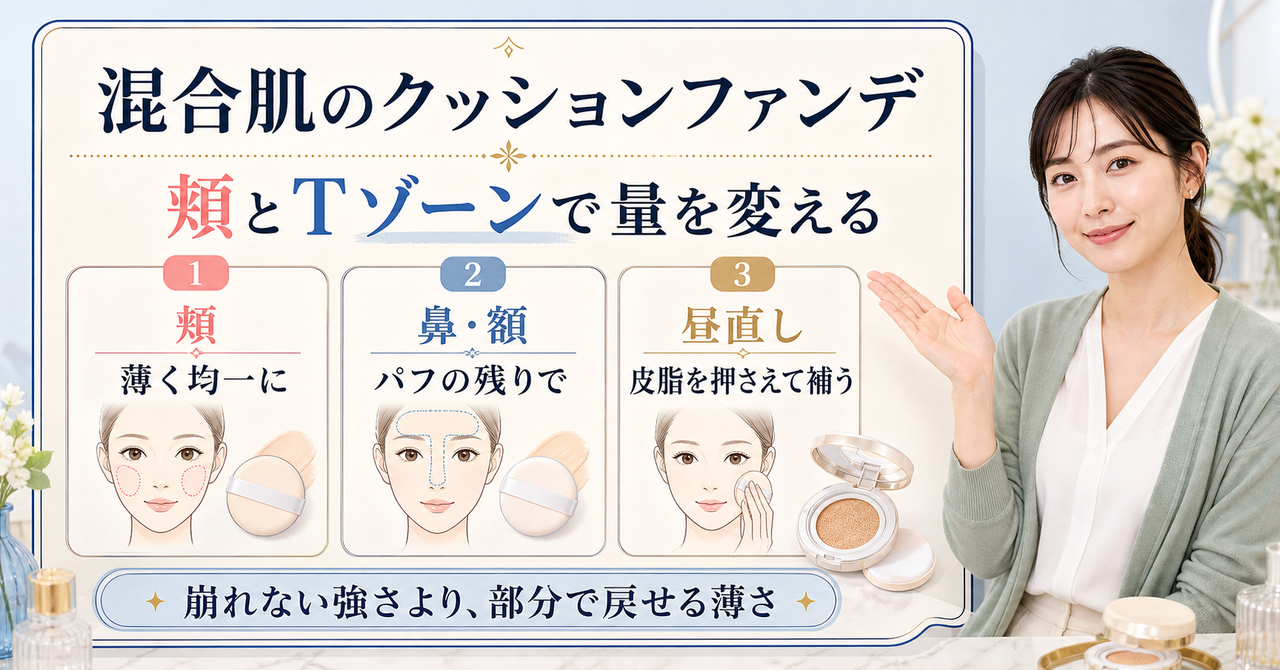 混合肌のクッションファンデーションを頬とTゾーンで塗り分けるイメージ