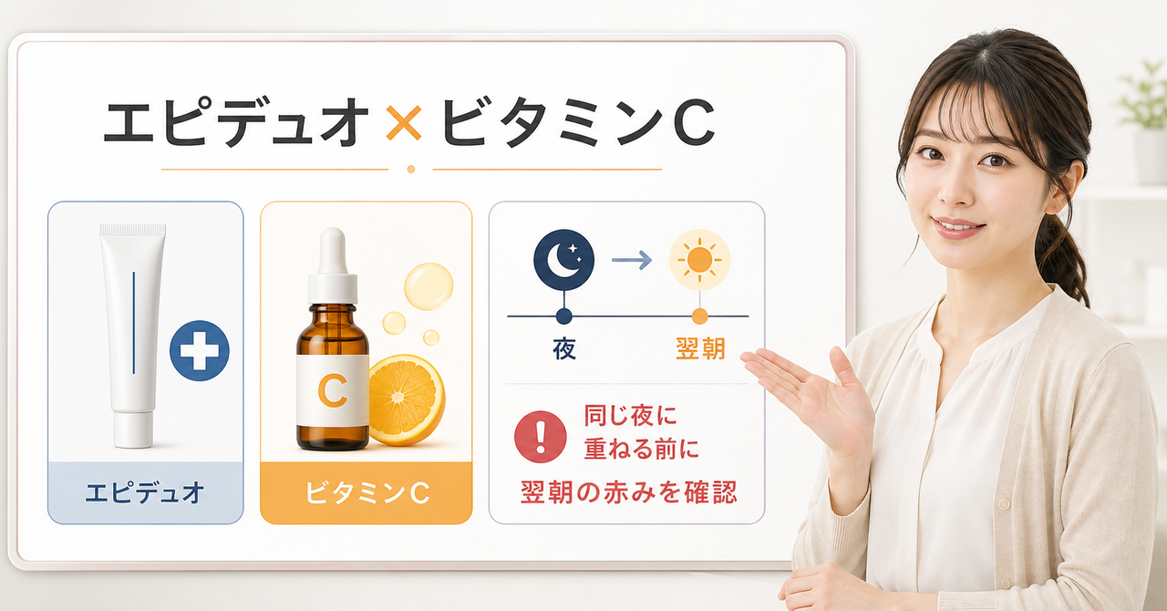 エピデュオゲルとビタミンC美容液を同じ夜に重ねる前の確認ボード