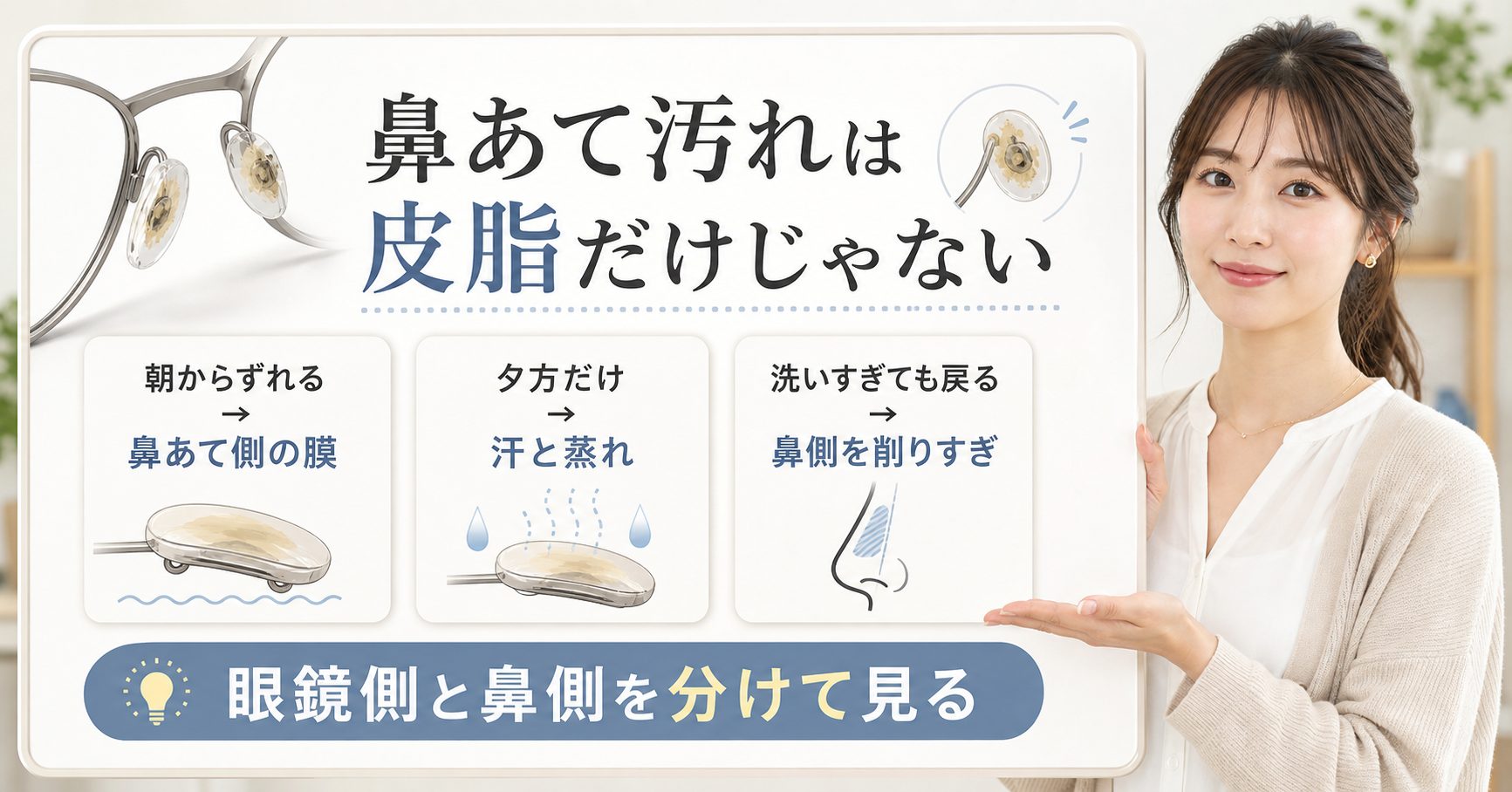 眼鏡側の残留膜と鼻側の皮脂を分けて見る解説ボード