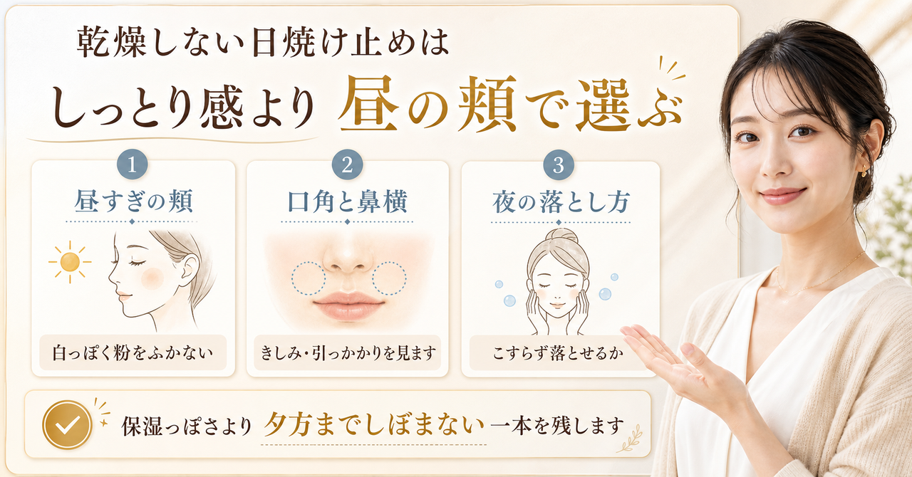 しっとり感より昼の頬で選ぶ乾燥しない日焼け止めの判断ボード