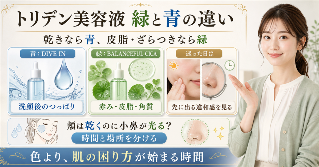 トリデン美容液の緑と青を乾燥・皮脂・ざらつきで選ぶ比較ボード