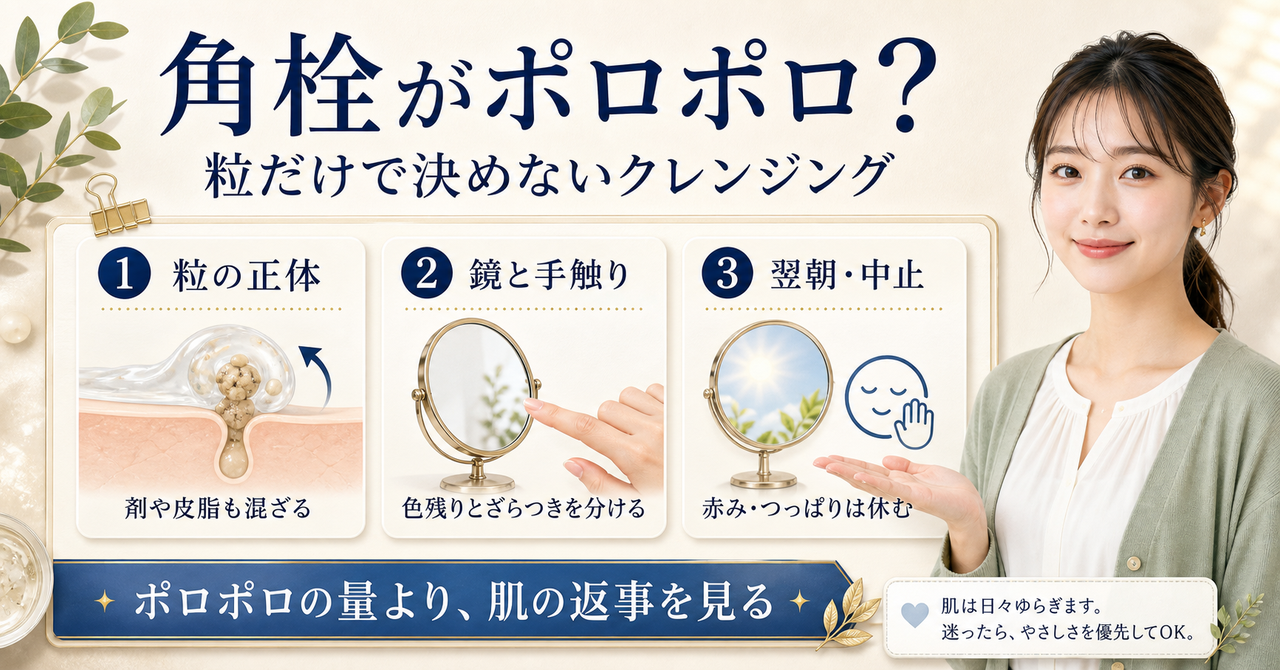 角栓のポロポロを粒・鏡・翌朝の肌で見分けるクレンジング判断ボード
