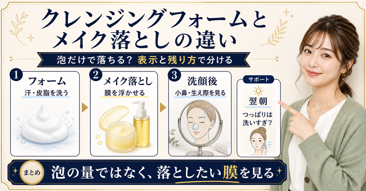 クレンジングフォームとメイク落としを泡・メイク膜・洗顔後で見分ける比較ボード