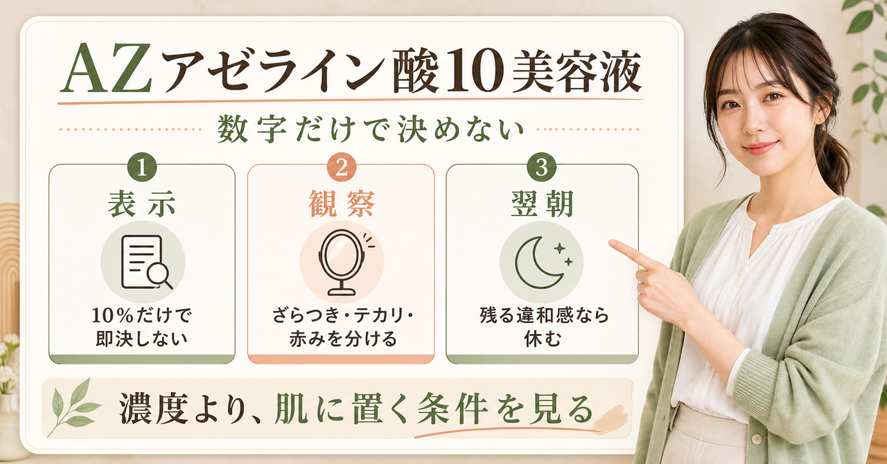 AZアゼライン酸10美容液を表示、悩み、翌朝の反応で判断する解説ボード
