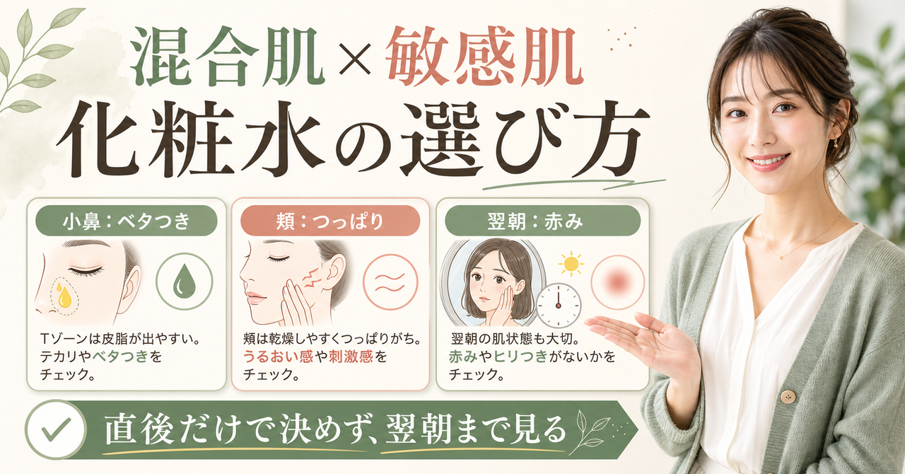 混合肌で敏感肌の化粧水を小鼻と頬に分けて見るイメージ