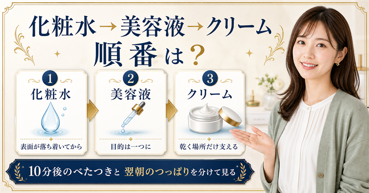 化粧水、美容液、クリームの順番と部位別の量を示す解説ボード