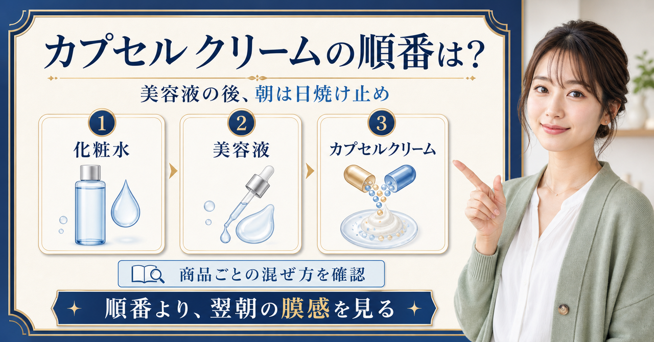メディキューブカプセルクリームを美容液後に使い翌朝の膜感を見る解説ボード