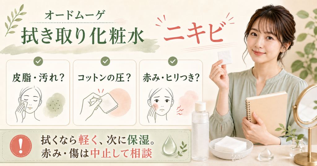 オードムーゲの拭き取り化粧水をニキビ肌で使う範囲と中止線を示す図解