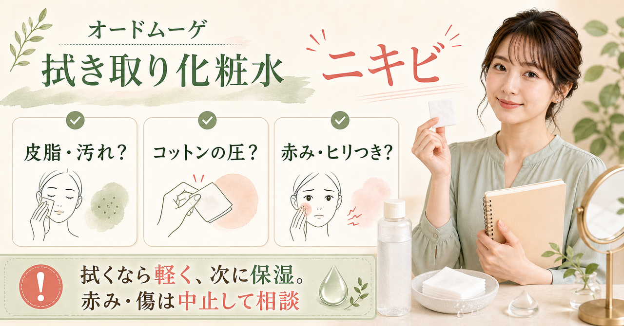 オードムーゲの拭き取り化粧水をニキビ肌で使う範囲と中止線を示す図解
