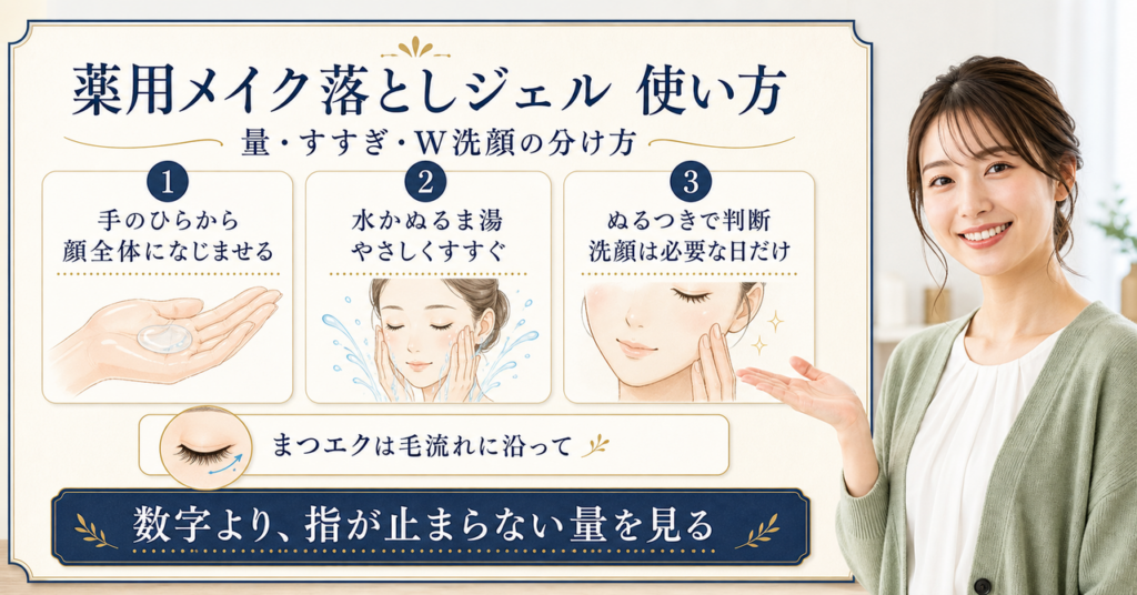 薬用メイク落としジェルの使い方を手順で示す図解