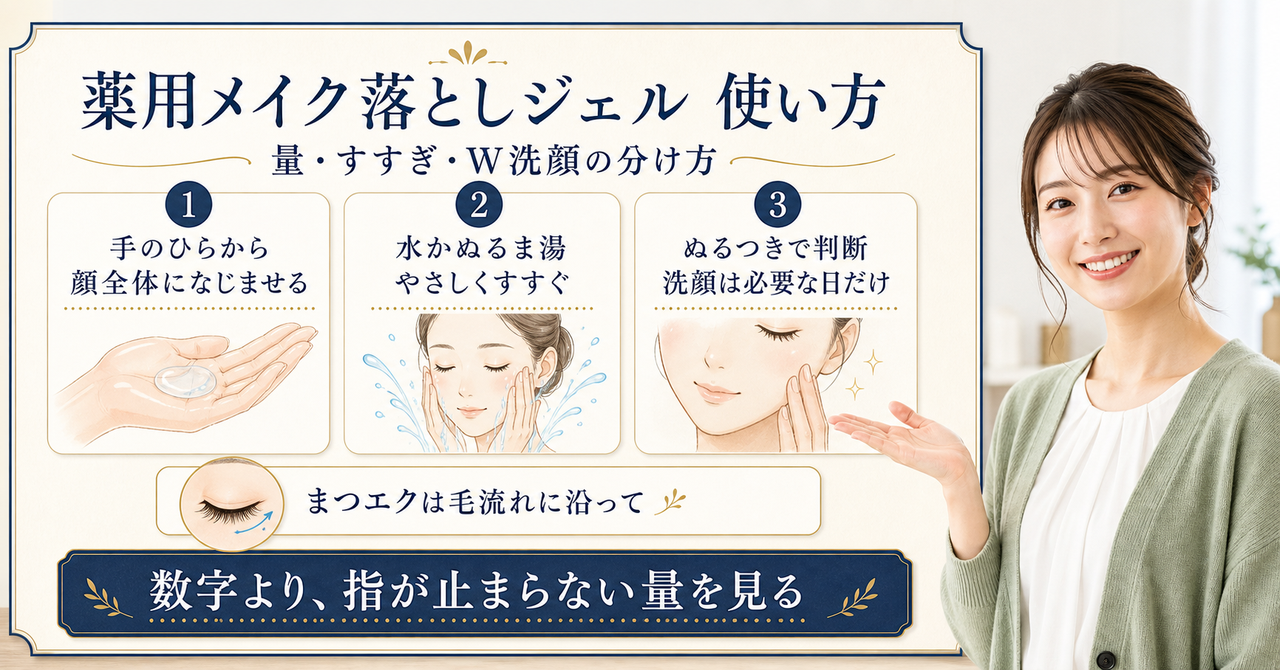 薬用メイク落としジェルの使い方を手順で示す図解