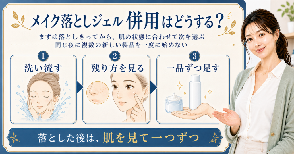 メイク落としジェルの併用を洗い流す、残り方を見る、一品ずつ足すの3段階で示す図