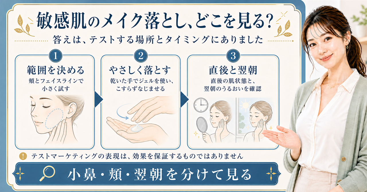 敏感肌のメイク落としを試す範囲、やさしい落とし方、直後と翌朝の確認で示す図