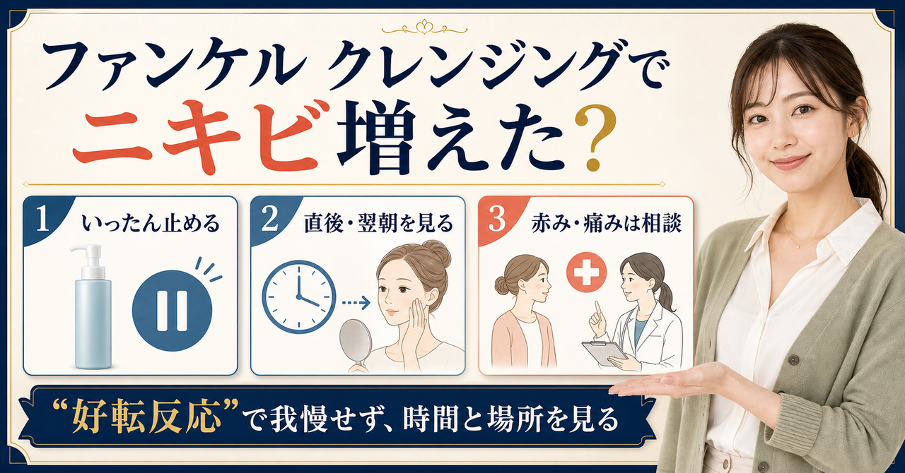 ファンケルのクレンジング後にニキビが増えたとき、使用を止めて時間と場所を確認する判断ボード